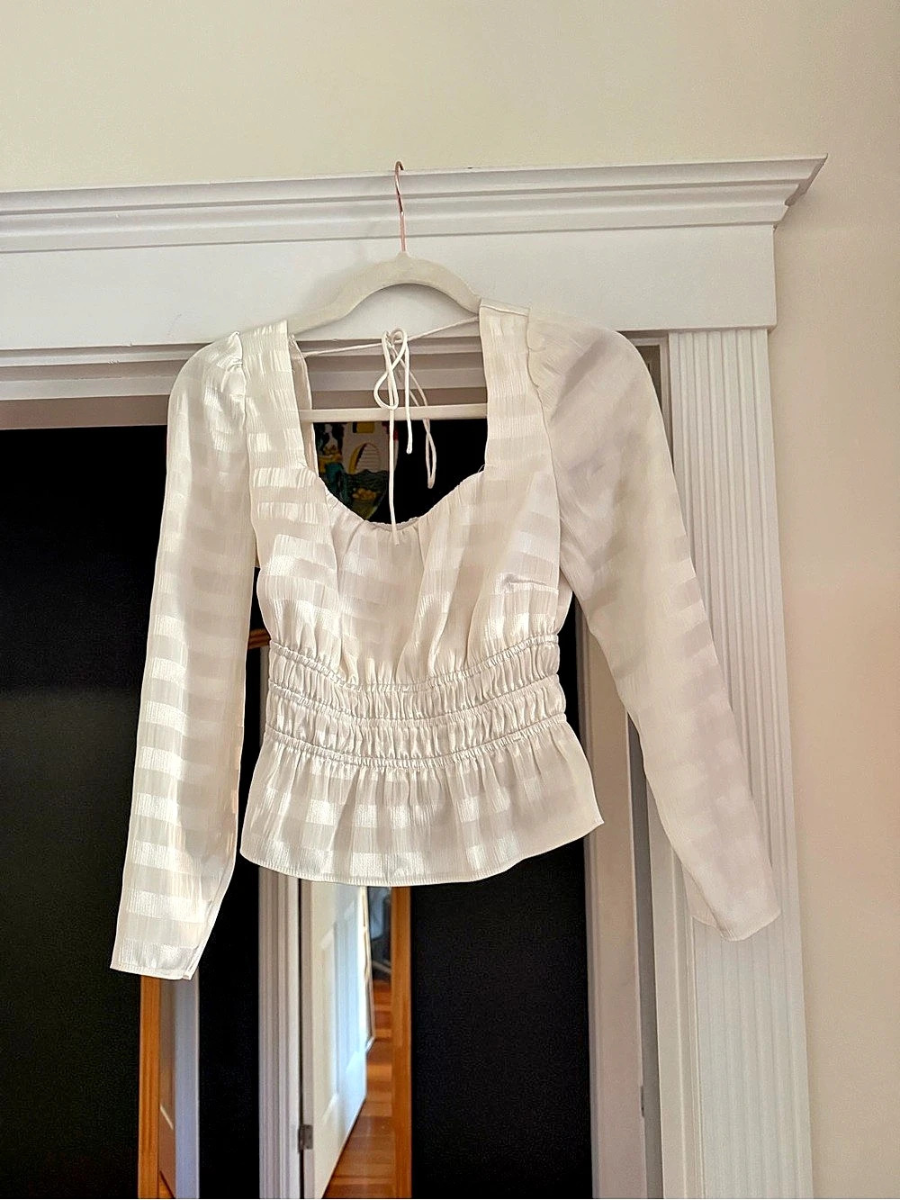 Ivory White Satin Stripe Long Sleeve Smocked Peplum Top Size S